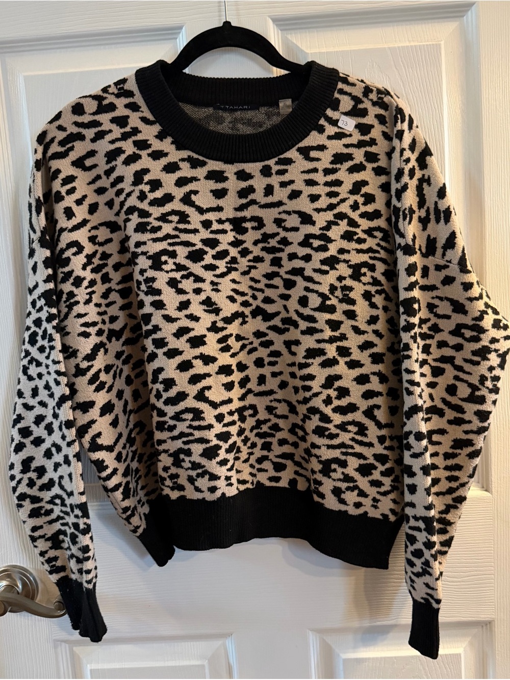 Tahari Black and Cream Leopard-Print Crewneck Sweater